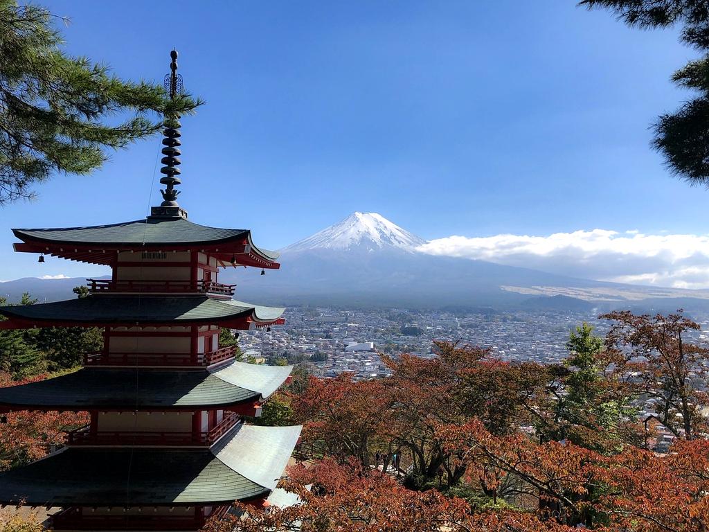 Mount Fuji viewed through a cherry blossom tree with a traditional Japanese pagoda